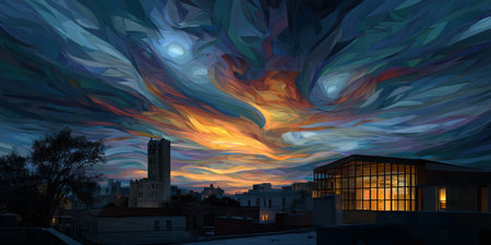 Dramatic sunset over the city. 3d rendering. Computer digital drawing.の素材