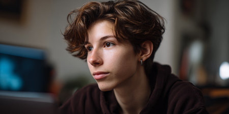 Portrait of a young woman working on a laptop at home.の素材