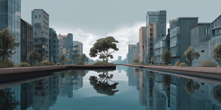 Cityscape with reflection of trees in water, 3d render.の素材