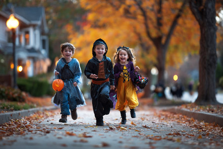 Happy children trick or treating in autumn park. Kids having fun on Halloween.の素材