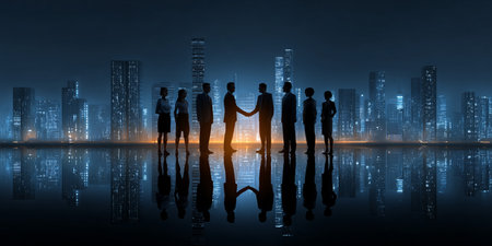 Silhouette of business people shaking hands against night cityscape backgroundの素材