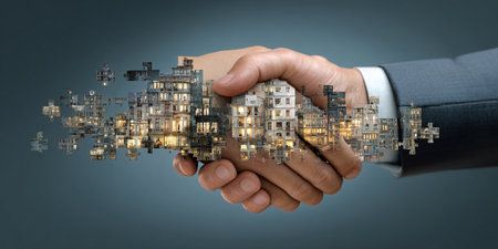 Businessman on blurred background holding and touching 3D rendering smart cityの素材