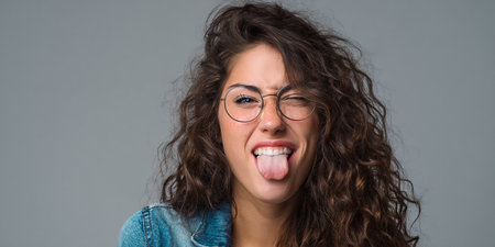 Portrait of a young woman making funny faces on gray background.の素材