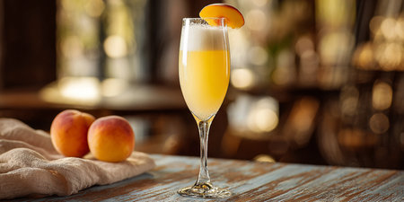 Alcoholic cocktail with peach in a glass on a wooden tableの素材