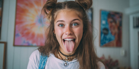 Cute little girl with long hair sticking out her tongue at homeの素材