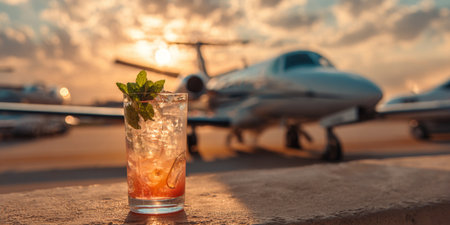 Cocktail with ice and mint on the background of the airplaneの素材