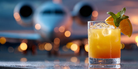 Orange cocktail with ice and mint on the background of an airplane.の素材