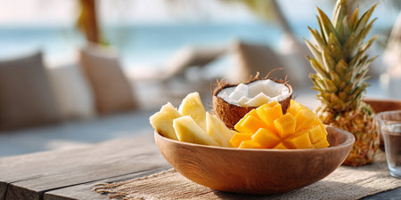 Plate with fresh mango and coconut on table near sea, closeupの素材