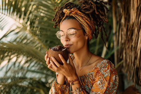 young african american woman in eyeglasses holding coconut and looking awayの素材