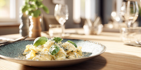 Tasty appetizing classic Italian pasta with a delicious sauce and basil leaves.の素材