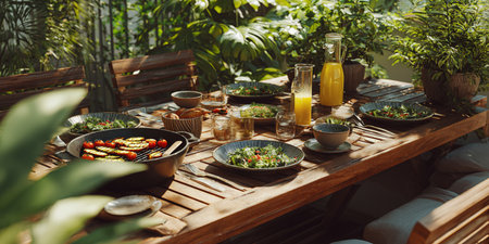 Table set for breakfast in the garden. Selective focus. nature.の素材