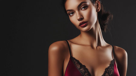 Portrait of a beautiful young woman in lingerie on a dark backgroundの素材