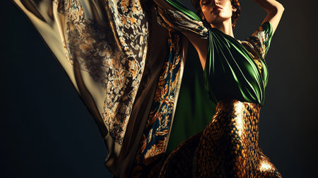 Fashion shot of a beautiful young woman in a green dress.の素材