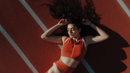 beautiful sporty woman in sportswear running on stadium trackの素材