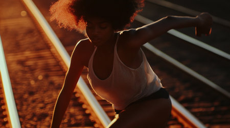 Beautiful young african american woman in sportswear running on railroad at sunsetの素材