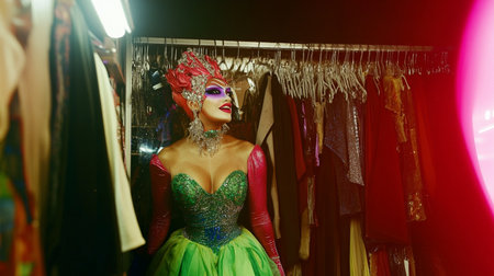 Fashionable young woman in green dress and red carnival mask posing in wardrobe.の素材