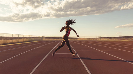 Athletic young woman running on a track at sunset.の素材