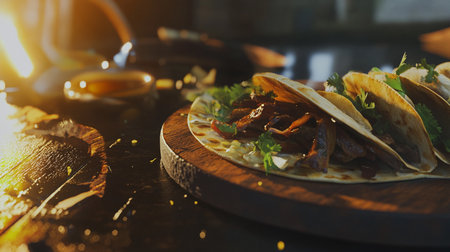 Traditional mexican tacos with beef and vegetables on wooden table.の素材