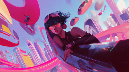 3D illustration of a beautiful girl with black hair and red lips in a futuristic cityの素材