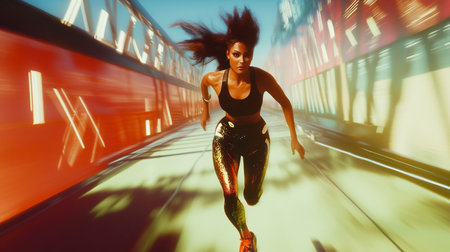Athletic young woman running in a tunnel with motion blurの素材