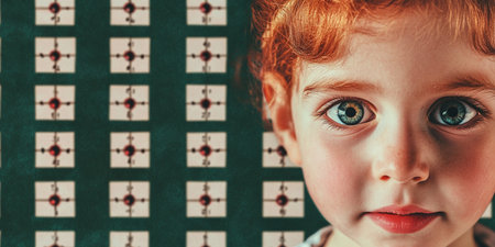 Close up portrait of a cute little girl with red hair and blue eyesの素材