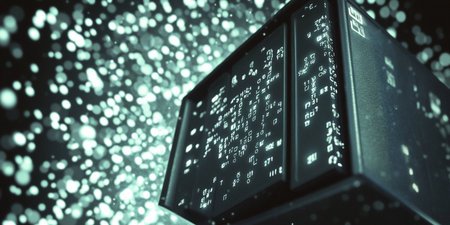 3d rendering of a binary code on a computer monitor with light effectsの素材