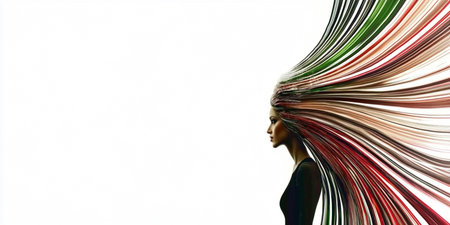 Double exposure of a woman's face and abstract colorful lines on white backgroundの素材