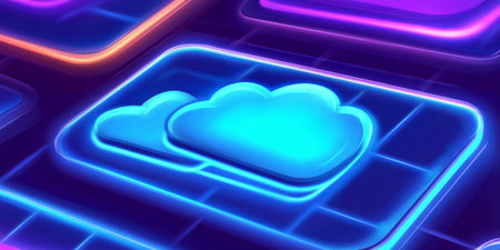 3d render of abstract background with neon lights and cloud computing symbolの素材