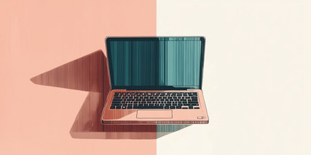 Laptop computer with shadow on a pink and white background. top viewの素材
