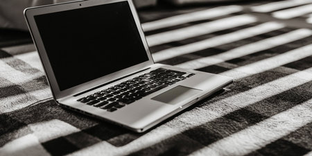 Laptop with blank screen on the bed. Black and white photo.の素材