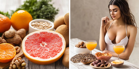 collage of beautiful woman in swimsuit holding glass of orange juice near fruits and nutsの素材
