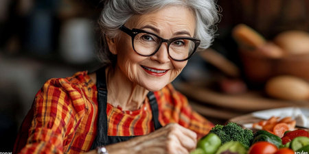 happy senior woman in eyeglasses looking at camera while cooking in kitchenの素材