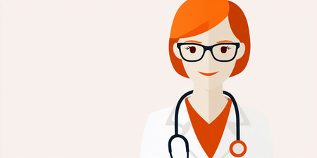 A female doctor with a stethoscope on a white background vector flat design illustration. Horizontal layout.の素材