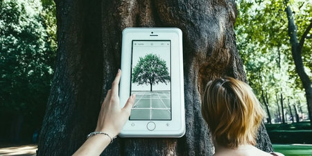 Young woman using a smartphone to take a photo of a tree.の素材