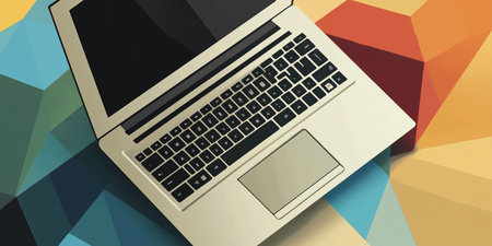 Laptop computer on colorful polygonal background. Vector illustration.の素材