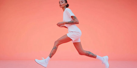 Full length portrait of young woman in white sportswear running against orange backgroundの素材