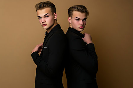 Elegant young handsome man in black suit. Studio fashion portrait.の素材