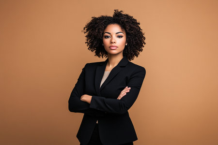 beautiful african american businesswoman in black suit, isolated on brownの素材