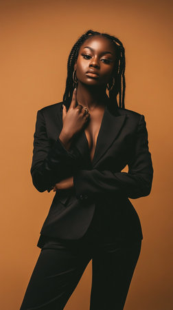 beautiful african american woman in black suit, isolated on brownの素材