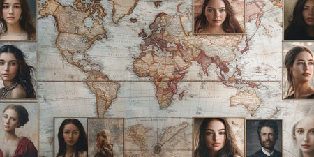 collage of portraits of beautiful young women in front of world mapの素材
