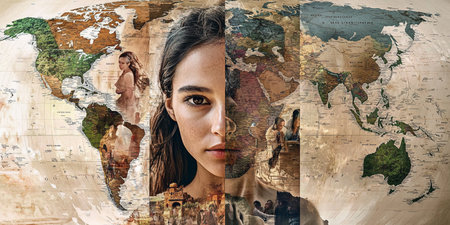 Young woman in front of a world map. Globalization concept.の素材