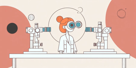 Illustration of a girl with binoculars in a science laboratoryの素材