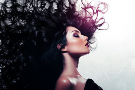 Beautiful young woman with long black curly hair. Studio shot.の素材