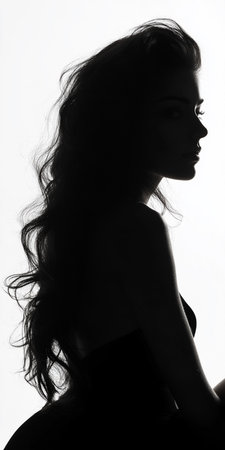 Silhouette of a beautiful brunette woman with long curly hairの素材