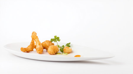 Crispy fried shrimp on white plate isolated on white background.の素材