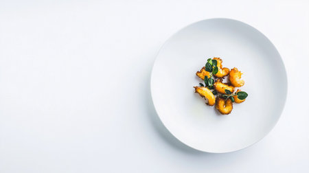 Fried squid with herbs on white plate. Top view. Copy spaceの素材