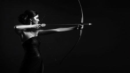 Young beautiful woman with bow and arrow. Black and white photo.の素材