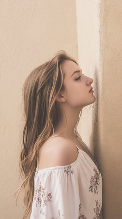 Portrait of a beautiful girl with long hair in a white dress.の素材