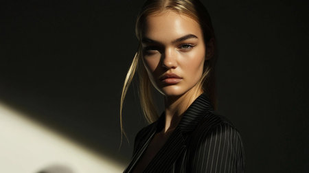 Beautiful blonde girl in a black suit on a dark background.の素材