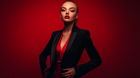 Portrait of a beautiful young woman in a black suit posing on a red background.の素材